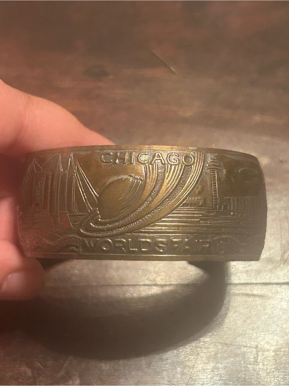 1934 Vintage Art Deco Chicago Worlds Fair Skyline Souvenir Copper Cuff Bracelet